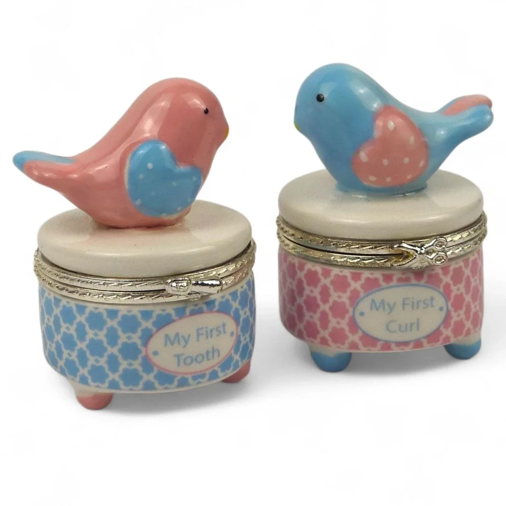 Mud Pie My First Tooth and Curl Keepsake Set Ceramic Bird Baby Trinket Box Pink